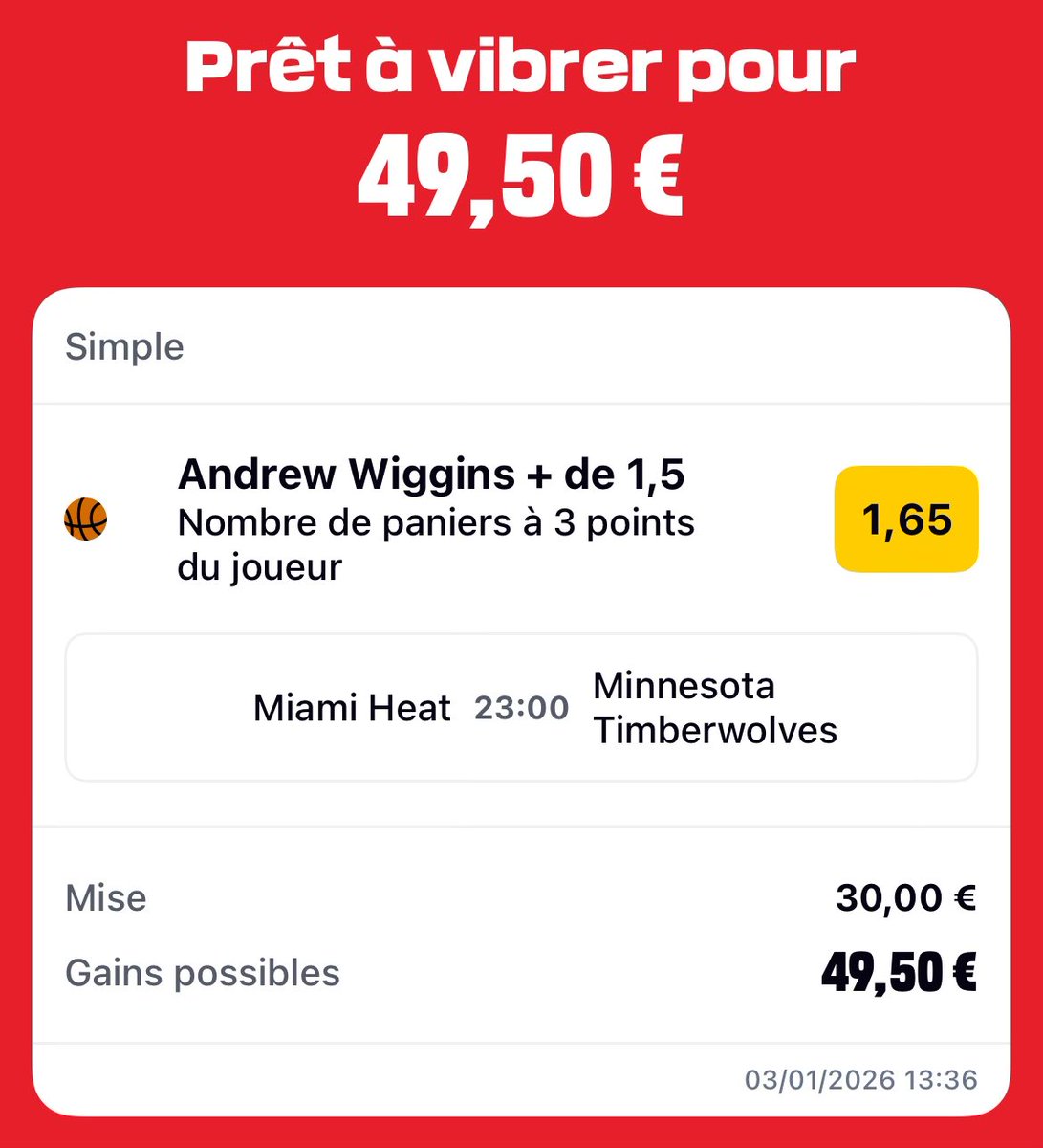 🗓️ 03/01 - Analyse écrite #NBA ⤵️

🏟️ MIA Heat vs. MIN Wolves (23:00).

🏀 An. Wiggins +1,5 3PM @ 1,65 | 1,5%

#Concours 20€ à gagner si ça passe !
👉 RT ce post et suis <a href="/SknurtBetting/">SKN®</a>

#TeamParieur FAV si tu soutiens. GL🍀