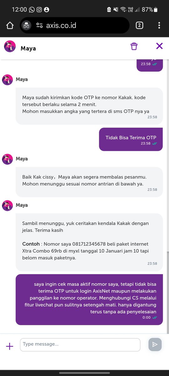 cissy_aninditha's tweet photo. @ask_AXIS saya sudah coba hubungi Maya melalui LiveChat di web, tp selalu "digantung" oleh BOT. Tdk pernah ada kelanjutanya lagi setelah sampai di tahap ini. Maka dari itu saya bisa bilang, Axis terkesan dengan sengaja membatasi/menutup jalur komunikasi bagi pelanggan yg memiliki kendala. https://t.co/DFAxjIm0RS