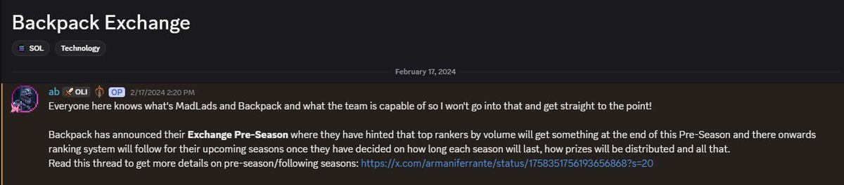 seeing alot of tweets about Backpack Exchange recently now that they're close to TGE and many are treating it as the next dex/cex to farm 

sure, with only 4 weeks left before S4 ends I get why you're thinking short term and not looking past airdrop 

but <a href="/armaniferrante/">Armani Ferrante</a> &amp; team