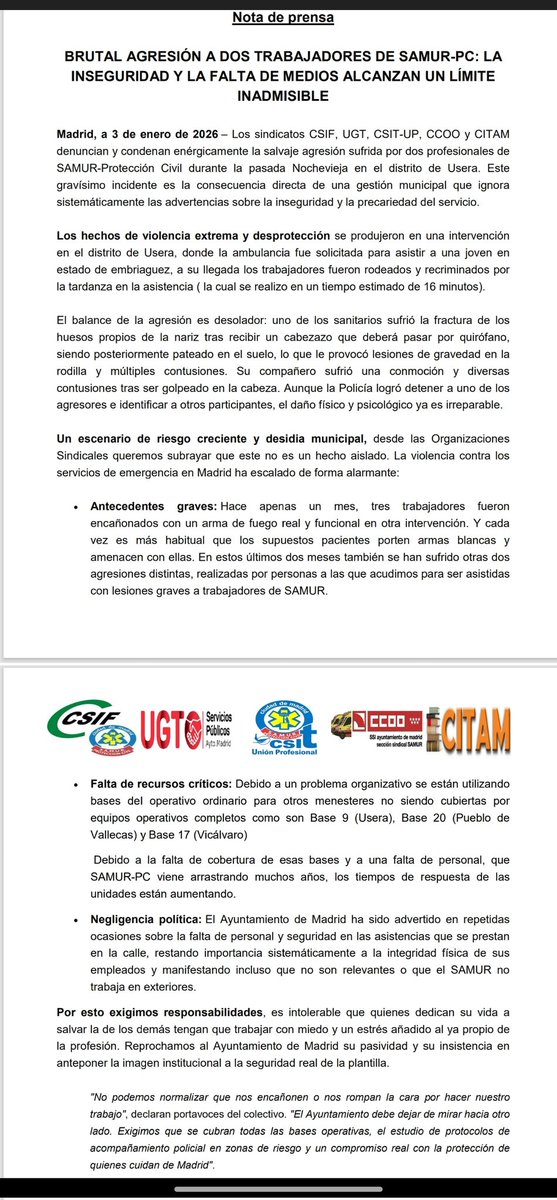 Nota de prensa de los sindicatos de Samur por las agresiones sufridas por nuestro personal en los últimos meses, culminando con una brutal agresión a dos compañeros la noche de fin de año.