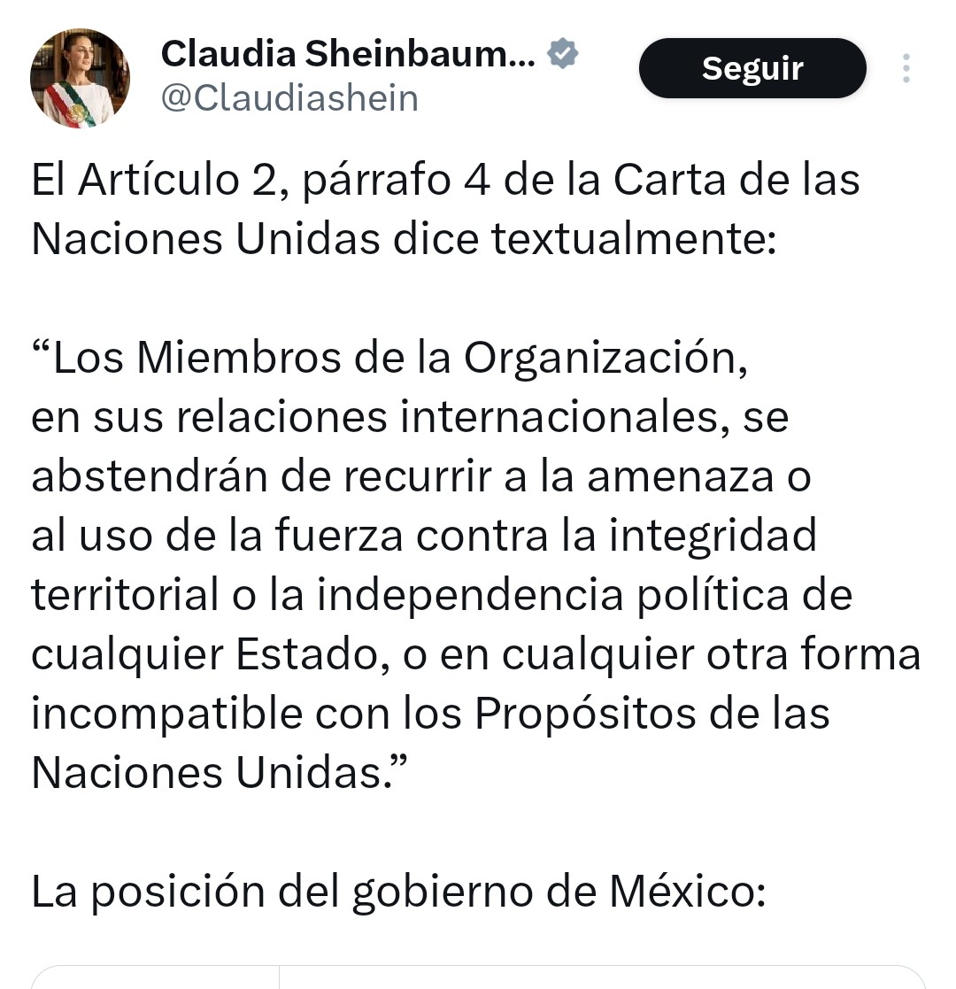 Arouet_V's tweet photo. El gobierno de México se suma a los régimenes autoritarios que condenan la operación militar del gobierno de EEUU en Venezuela. No dice nada de la dictadura de Maduro, la persecución que su régimen ha hecho de la oposición ni de la violación de los derechos humanos. Tampoco señala nada sobre el imperio del narcotráfico en Venezuela. 

@Claudiashein es aliada de un régimen criminal.