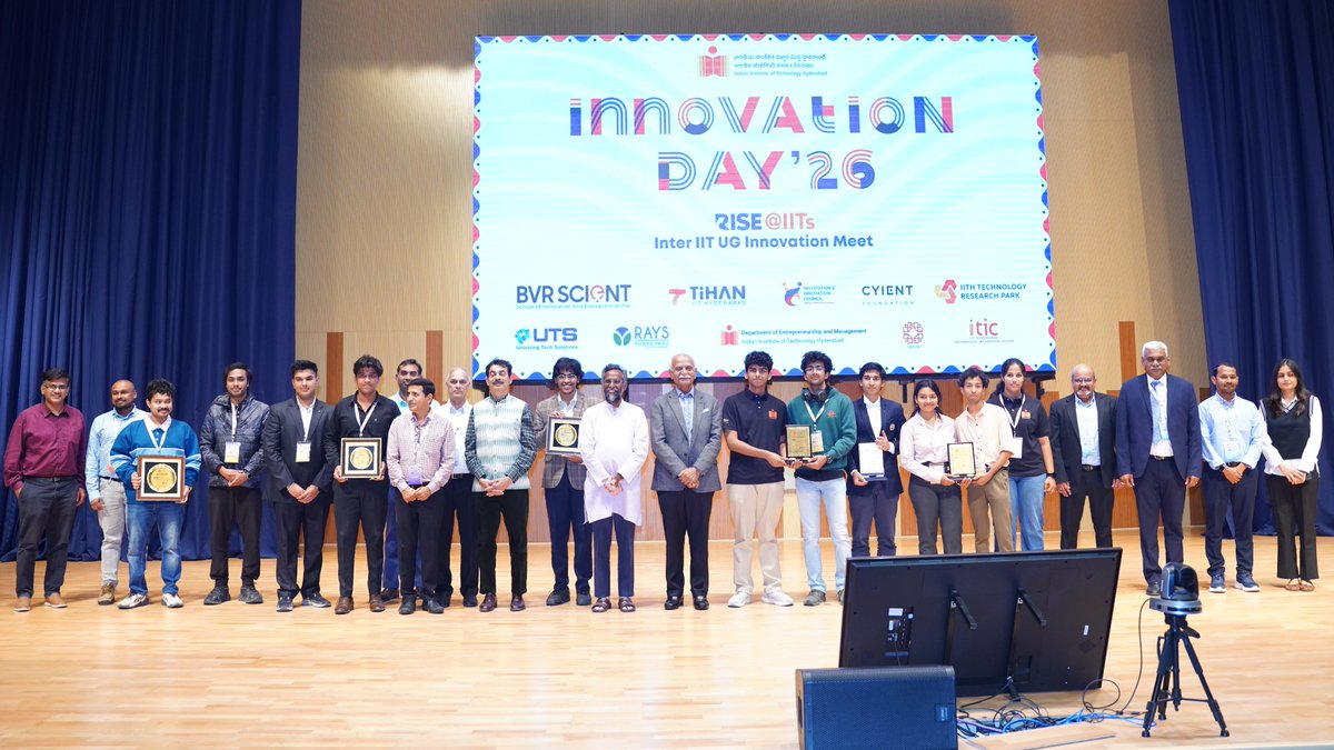 IITHyderabad's tweet photo. 🏆 Meet the winners of #InterIIT UG #InnovationMeet – #RISE2026 at #IITHyderabad! ⤵️ List in Thread👇

In the presence of Dr. @BVRMohanReddy and Shri @jayesh_ranjan, IAS, & Prof. B S Murty, Director @IITHyderabad, young #innovators from #IITs across #India awarded for their #ideas shaping the #future.

#Innovation is in the #DNA of #IITHyderabad