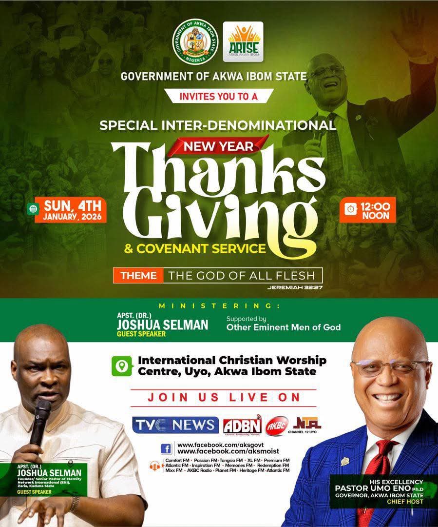 Dear Precious Saints,

You are warmly invited to join our Father and Mentor, Apostle Joshua Selman, LIVE tomorrow, Sunday, 4th January 2026, for a Special Inter-Denominational New Year Thanksgiving and Covenant Service.

Theme: The God of All Flesh

Host:
His Excellency, Pastor