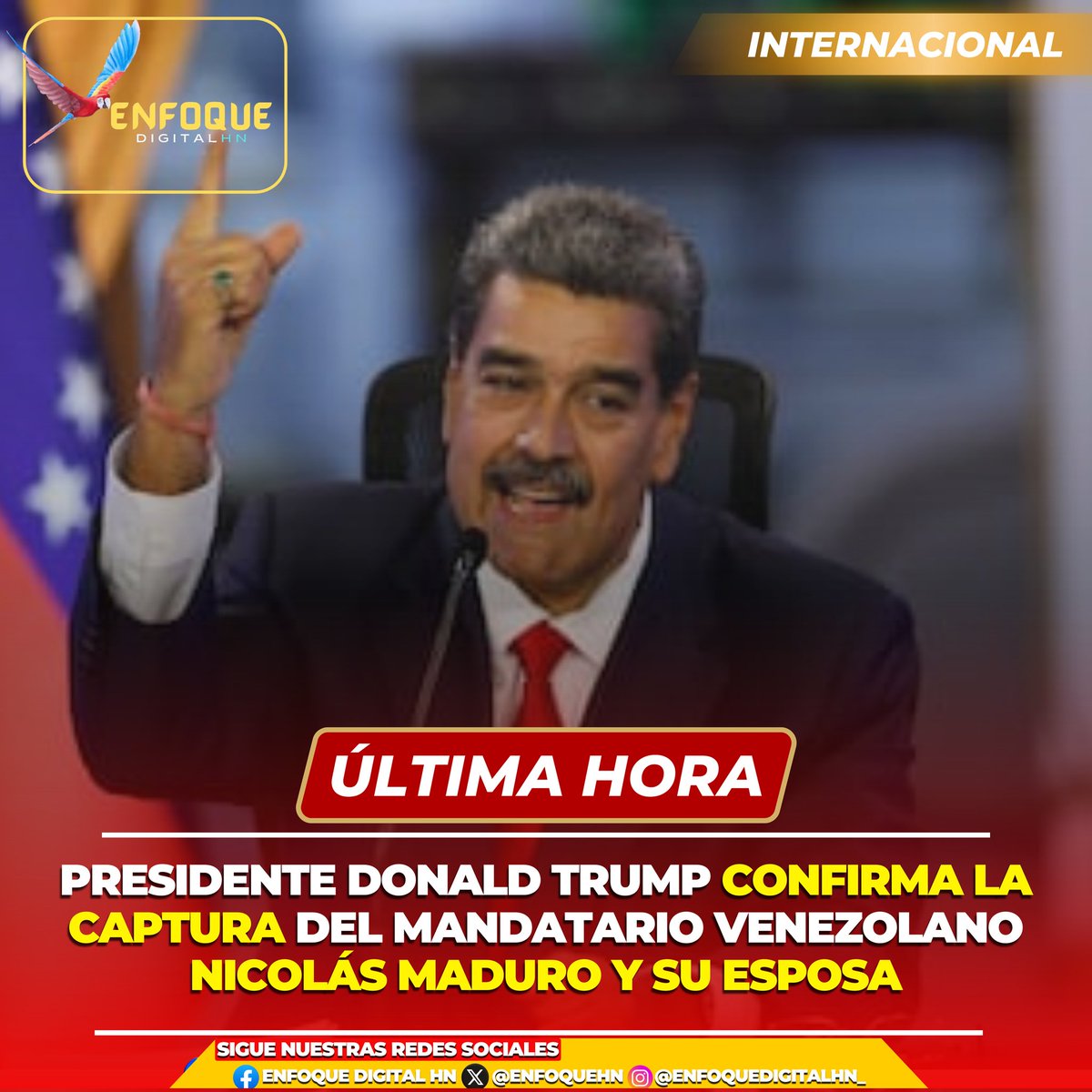 #EDHN #𝑼́𝑳𝑻𝑰𝑴𝑨𝑯𝑶𝑹𝑨 🚨🇻🇪|| El presidente estadounidense, Donald Trump, confirmó este sábado que Estados Unidos ha llevado a cabo «con éxito un ataque a gran escala contra #Venezuela» y que Nicolás Maduro, con su mujer, ha sido «capturado y sacado por aire del país».