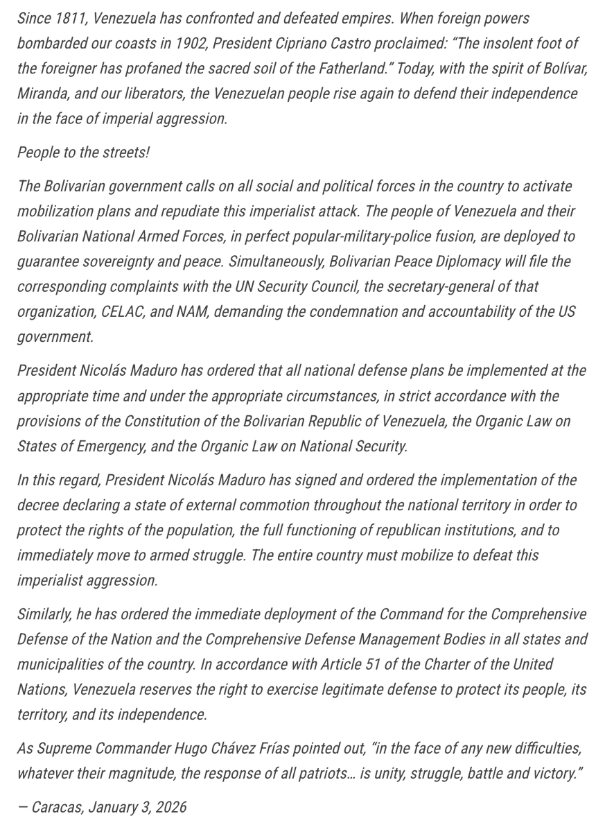 LeeCamp's tweet photo. 🚨Statement posted by the Venezuelan government about the US invasion/kidnapping: https://t.co/DjzXiZqe4W