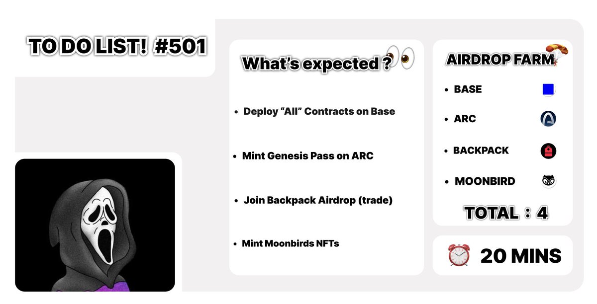 🪂 𝗔𝗜𝗥𝗗𝗥𝗢𝗣 𝗧𝗢 𝗗𝗢 𝗟𝗜𝗦𝗧! #501

→ Deploy « All » Contracts on Base
🔗 watchoor.xyz/deploy?chain=b…

→ Mint Genesis Pass on ARC 
🔗 arcflow.finance

→ Join Backpack Airdrop (make trade) 
🔗 backpack.exchange/join/9mx68oaa

→ Mint Moonbirds SBT 
🔗