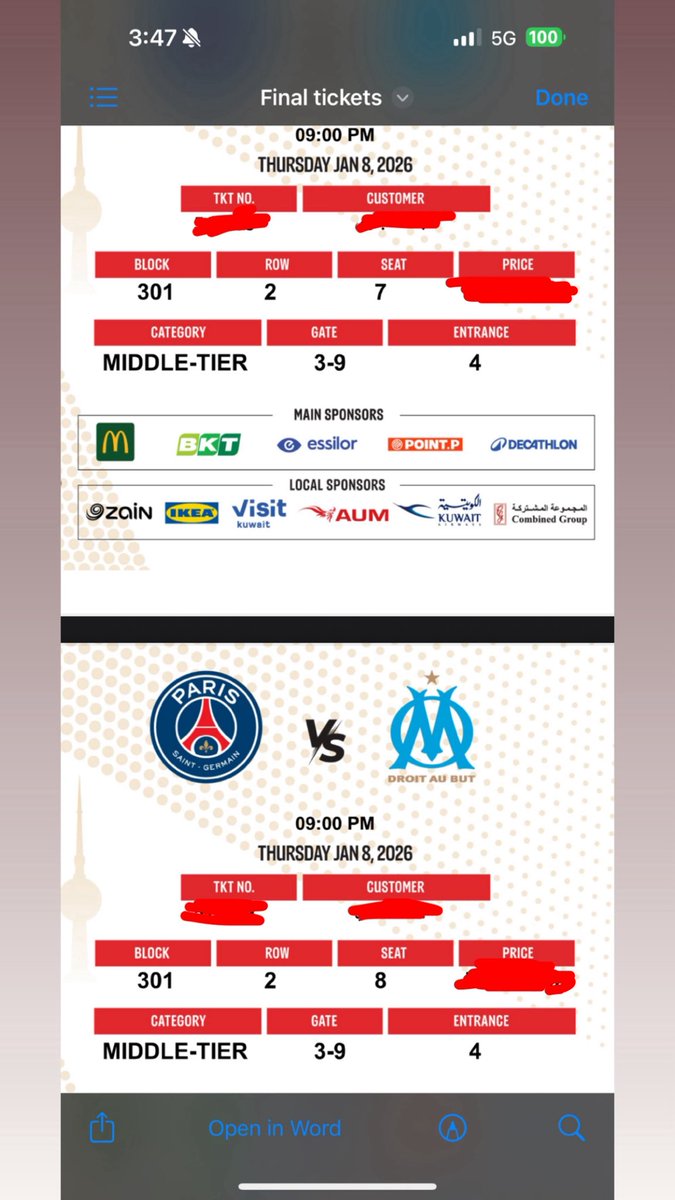 For sale 2 tickets for PSG vs Marseille Dm
