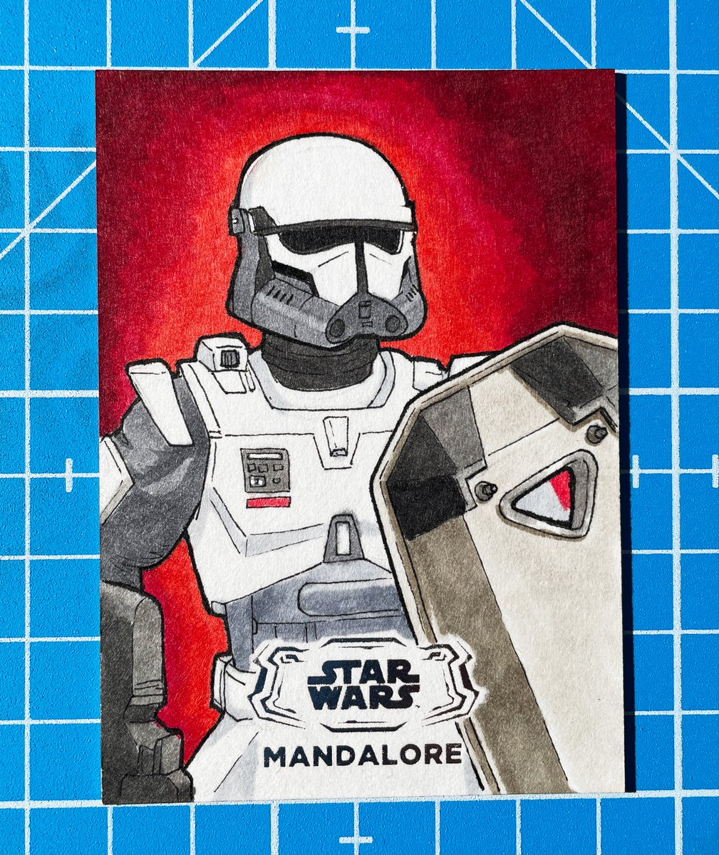 snorpixel's tweet photo. Imperial Armored Commando Sketch Card for Star Wars Hyperspace 2025.

Hand drawn with Copics on 2.5x 3.5” cards.

Let me know if you find it in stores! 

#sketchcards #toppsstarwars #toppscards #toppsartist #sketchcardart https://t.co/OgyeutDot5