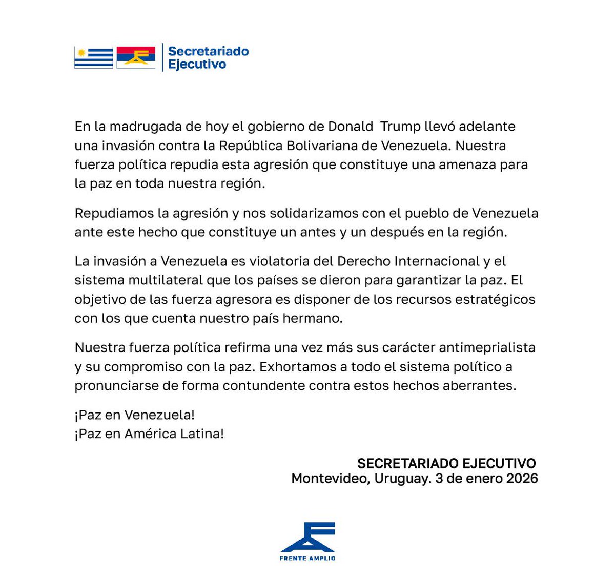 Declaración del Secretariado Ejecutivo ante los recientes sucesos en Venezuela