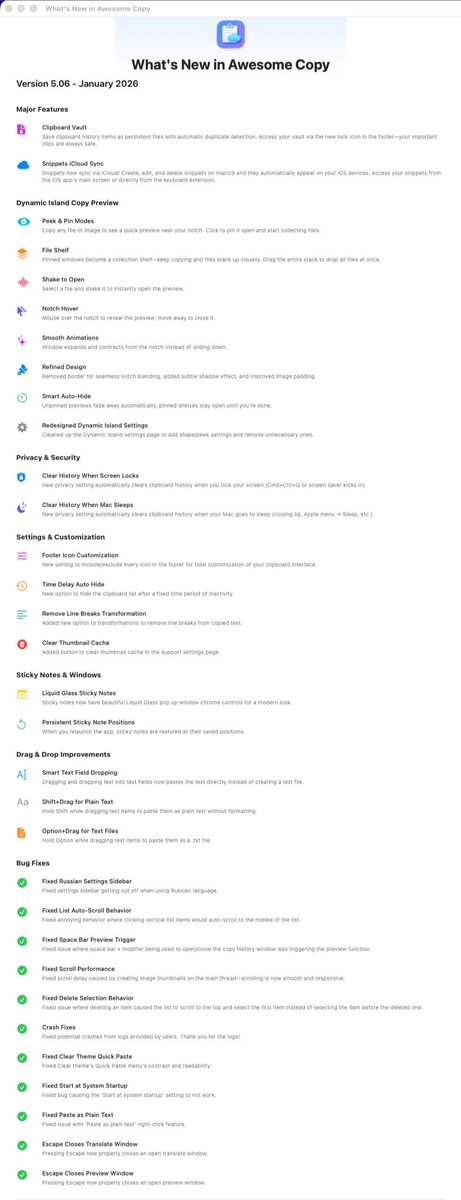 AwesomeCopyApp's tweet photo. Awesome Copy v5.06 coming to an App Store near you soon, just waiting on apple to approve it.  I've also submitted an update for the iOS app to support iCloud sync of snippets! See image for full list of updates! https://t.co/bCYLR78bio