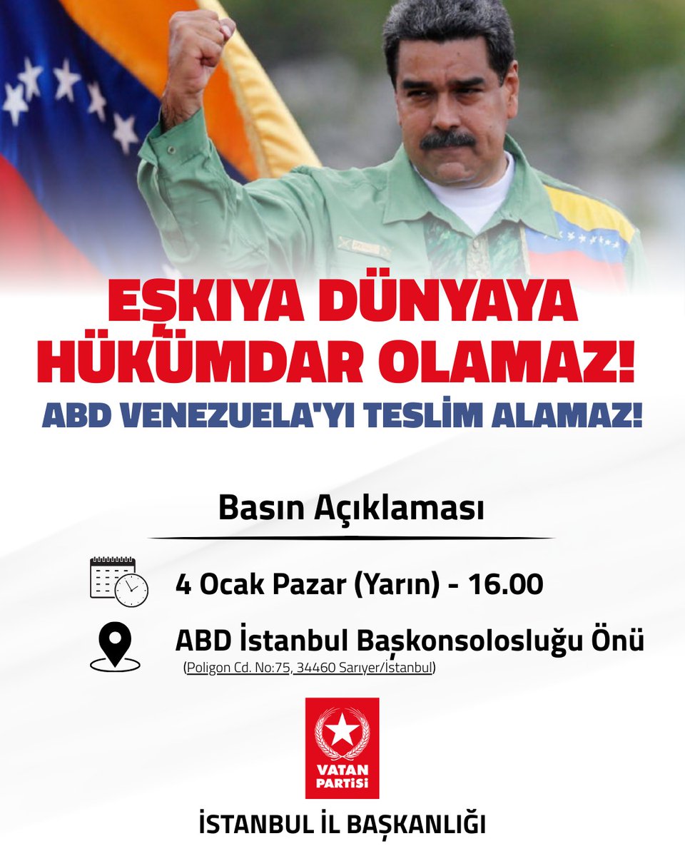 EŞKIYA DÜNYAYA HÜKÜMDAR OLAMAZ! 

ABD VENEZUELA'YI TESLİM ALAMAZ!

Tüm İstanbulluları yarın saat 16.00'da ABD İstanbul Başkonsolosluğu önünde yapacağımız basın açıklamasına çağırıyoruz!