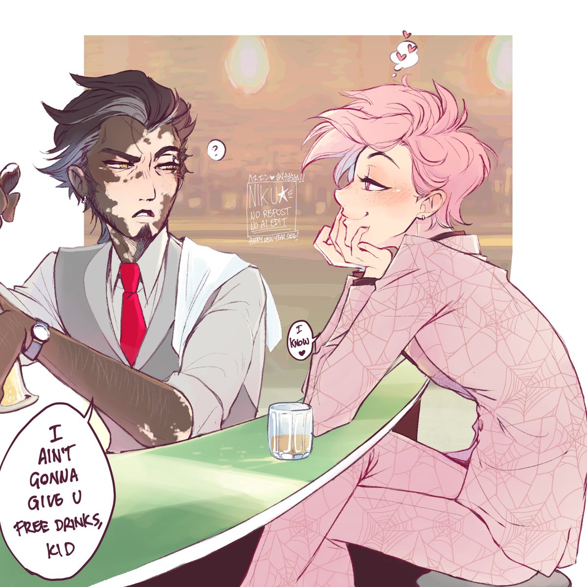 nikuyasaitame's tweet image. Goin’ to the gay bar to hit on the hot bartender 

#huskerdust //human au sorta🫶🫶