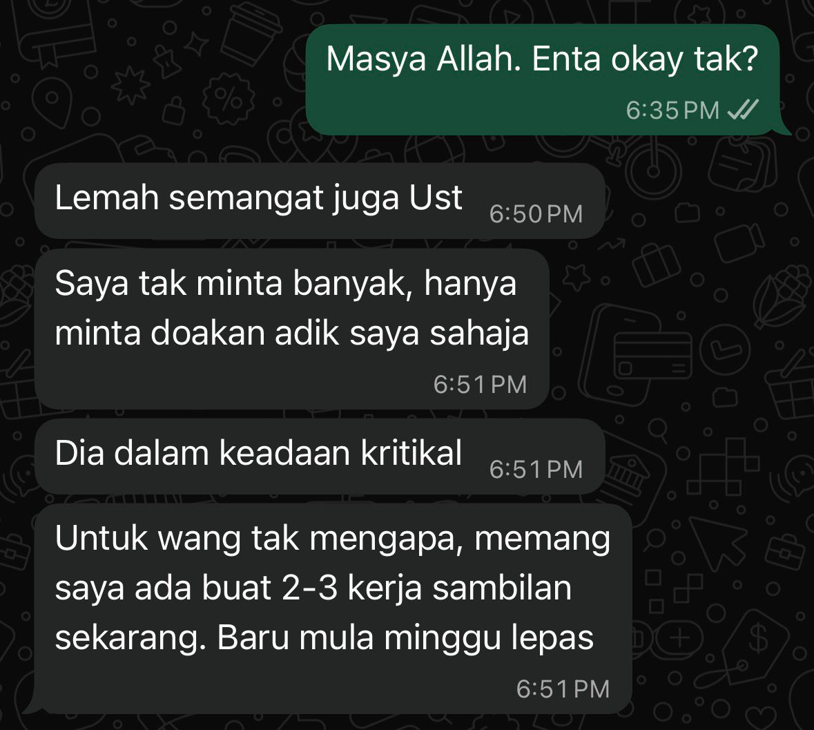 Marchfoward's tweet image. Dia tak mahu minta wang walaupun sangat memerlukan. Doakan adiknya yang sedang dalam keadaan kritikal

Doa seorang Muslim untuk saudaranya tanpa pengetahuan orang itu doanya tidak ditolak

Mohon doa dan RT semua, semoga adik diberikan kesihatan 🙏🏻