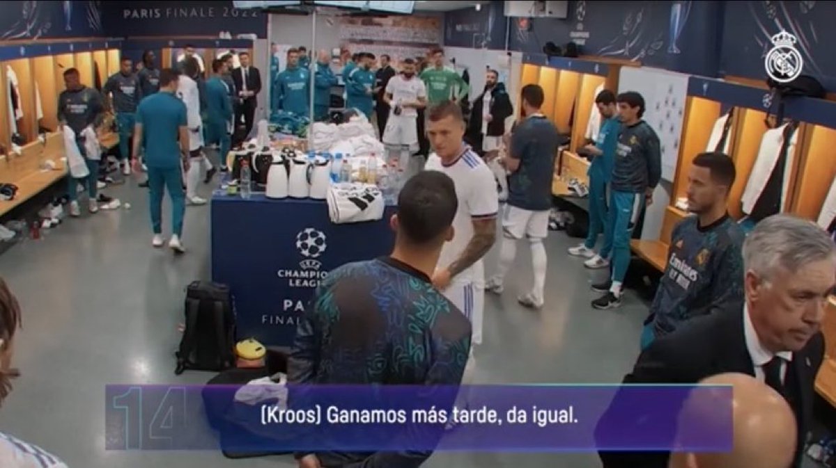 MadridXtra's tweet photo. UCL final 2022:

🗣 Carlo Ancelotti: "They have postponed the game, it starts at 21:30."

🗣 Toni Kroos: "We'll win later, it doesn't matter." https://t.co/cCY4mASdHG