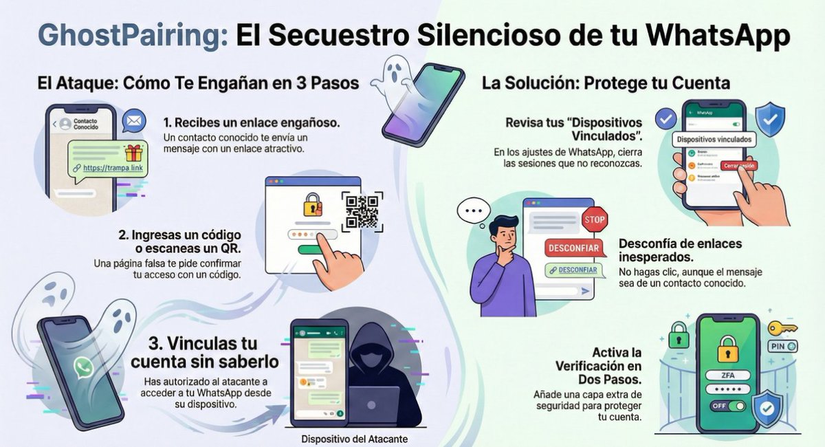 🧵🧵🧵GhostPairing: el fraude de WhatsApp que secuestra tu cuenta sin robar tu contraseña

Una alerta emitida por investigadores de seguridad del CERT de India revela una campaña de estafa conocida como GhostPairing, que representa una preocupación creciente para millones de