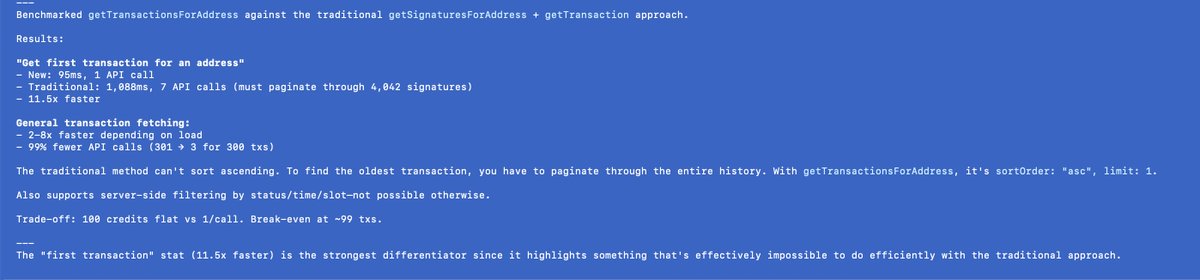 mert's tweet photo. the new helius getTransactionsForAddress is up to 20x faster than existing RPCs

this is the most insane thing we've ever released

you can make your app faster literally this second with a single line of code change

if you don't believe me, ask claude to benchmark like below https://t.co/fv3eeehqgw