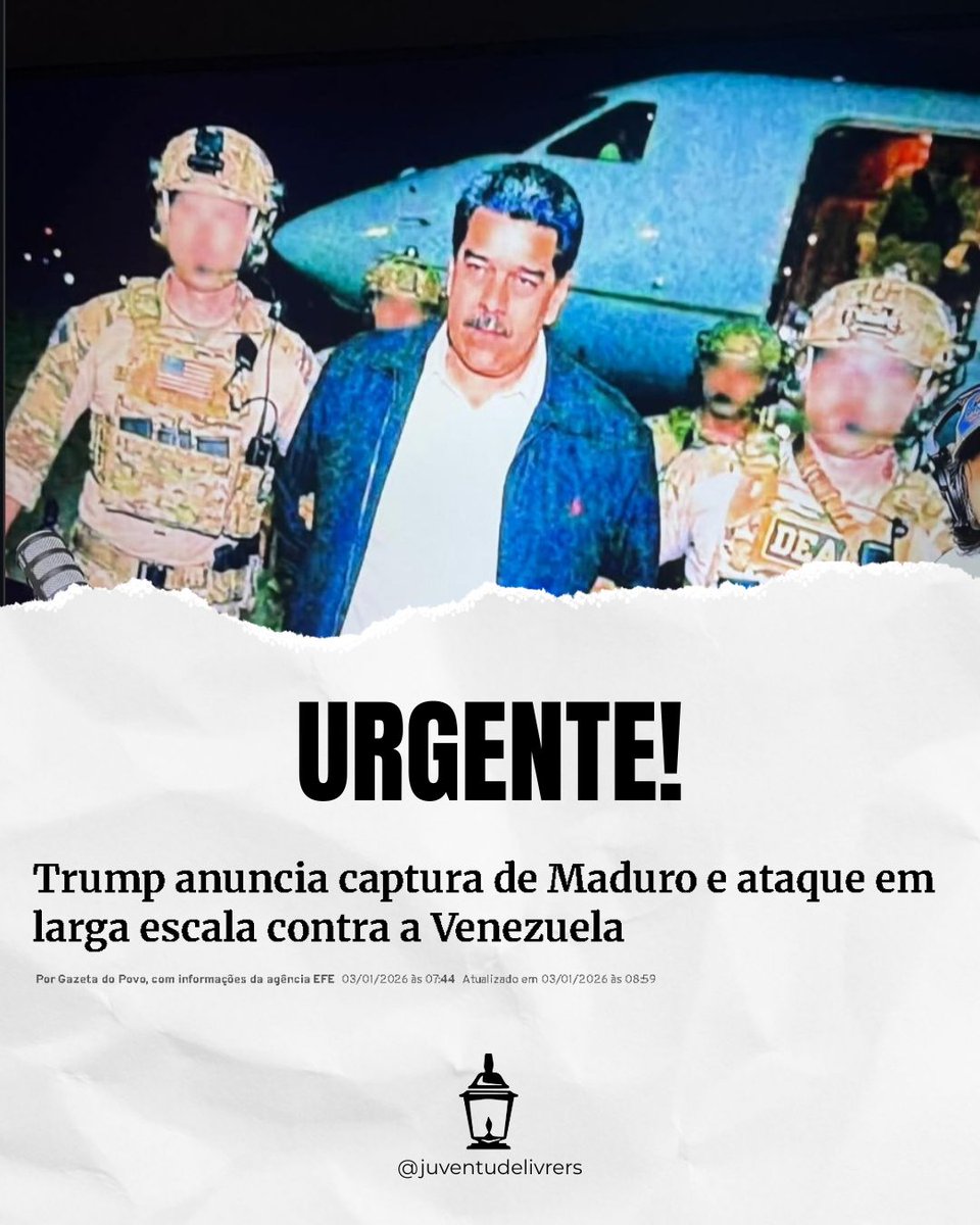 🚨 URGENTE🚨

​Forças militares dos Estados Unidos realizaram, nesta madrugada, uma operação para retirar o ditador venezuelano Nicolás Maduro do poder.

​Maduro e sua esposa estão sob a jurisdição americana neste momento.