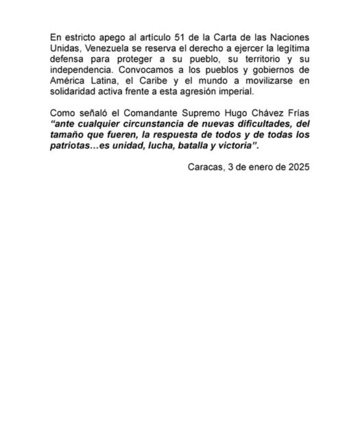 #Venezuela🇻🇪 rechaza, repudia y denuncia ante la comunidad internacional la gravísima agresión militar perpetrada por el Gobierno actual de los #EstadosUnidos contra territorio y población venezolanos en las localidades civiles y militares.
📸✍️ <a href="/teleSURtv/">teleSUR TV</a>