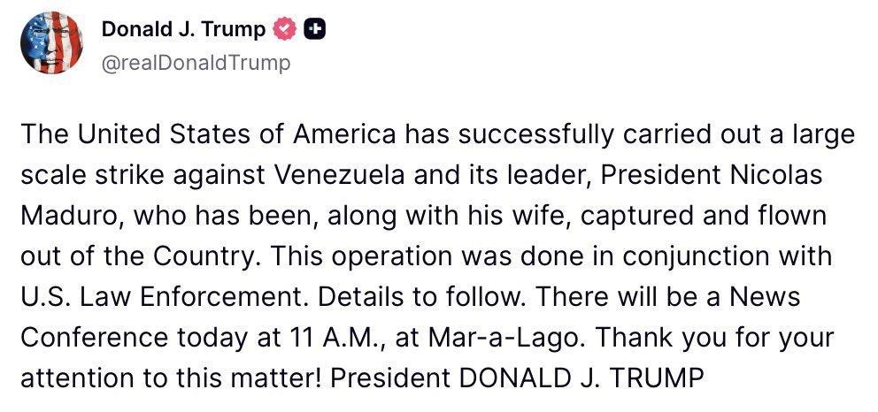 Los Estados Unidos de América ha llevado a cabo con éxito un ataque a gran escala contra Venezuela y su líder, el presidente Nicolás Maduro, quien, junto con su esposa, ha sido capturado y trasladado fuera del país. Esta operación se realizó en colaboración con las fuerzas del
