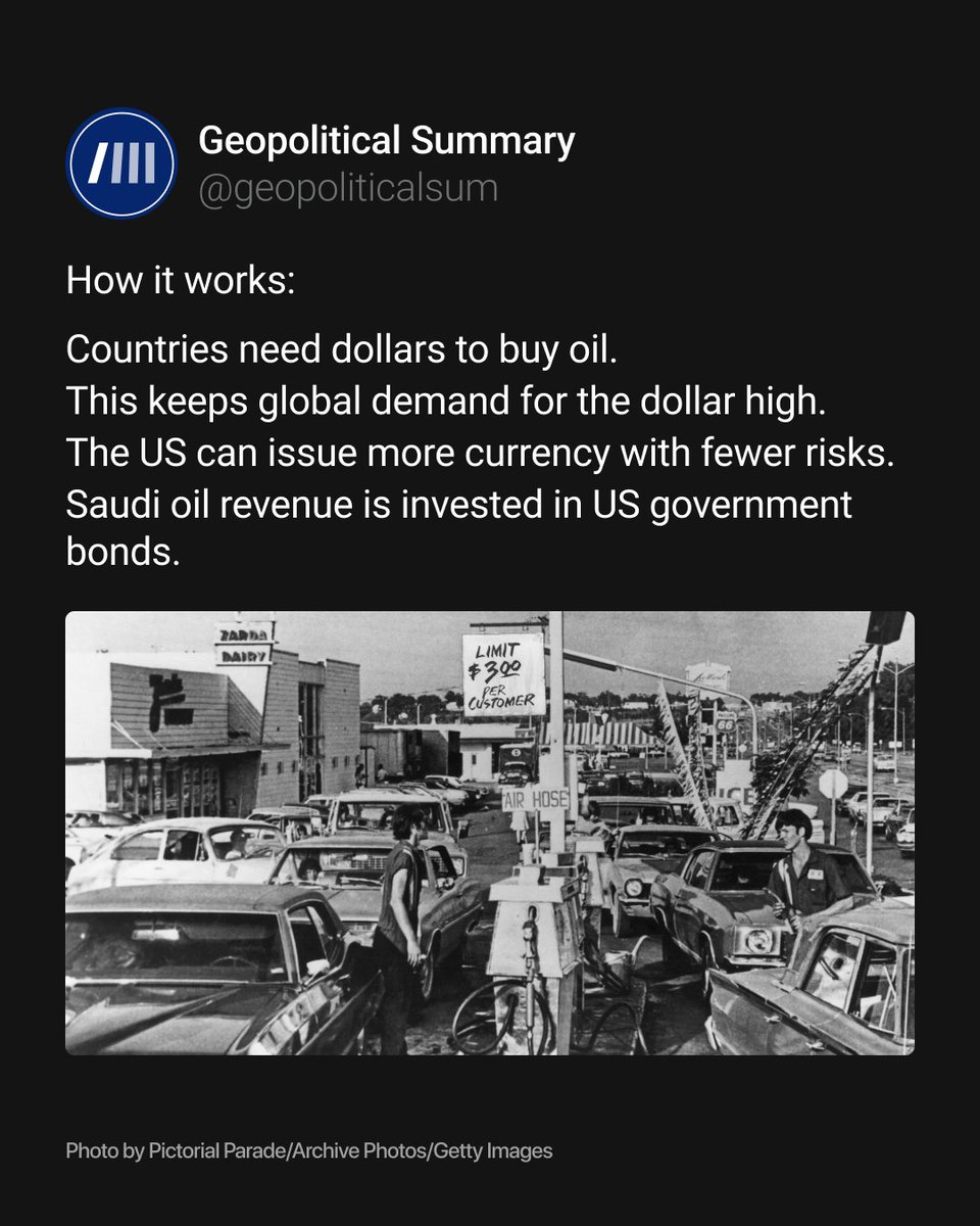 geopoliticalsum's tweet photo. The petrodollar system began quietly after the 1974 deal, but few people know how deeply it shaped global trade. 

The agreement encouraged other OPEC members to use dollars, too, making the US currency the center of energy markets. 

Over time, this system helped the US borrow money more easily, strengthened its global influence, and tied many countries’ economies to American stability.

Read more: https://t.co/tmOLvpW5Zs.