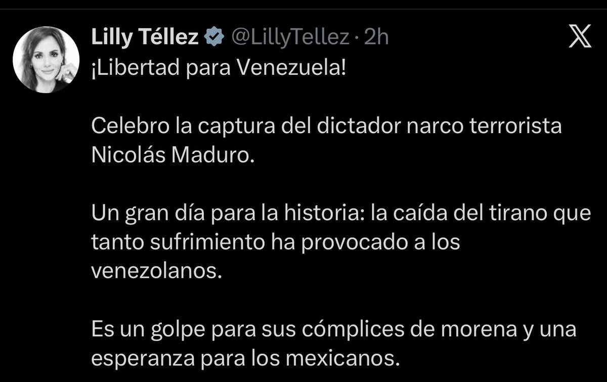 La empleada de TV Azteca <a href="/LillyTellez/">Lilly Téllez</a> ya ni siquiera disimula. 

Dice que la captura de Maduro es una “esperanza” para los mexicanos.

Son unos vendepatrias, cipayos que se mueren porque Estados Unidos intervenga militarmente en México.

Esta señora debería estar siendo juzgada
