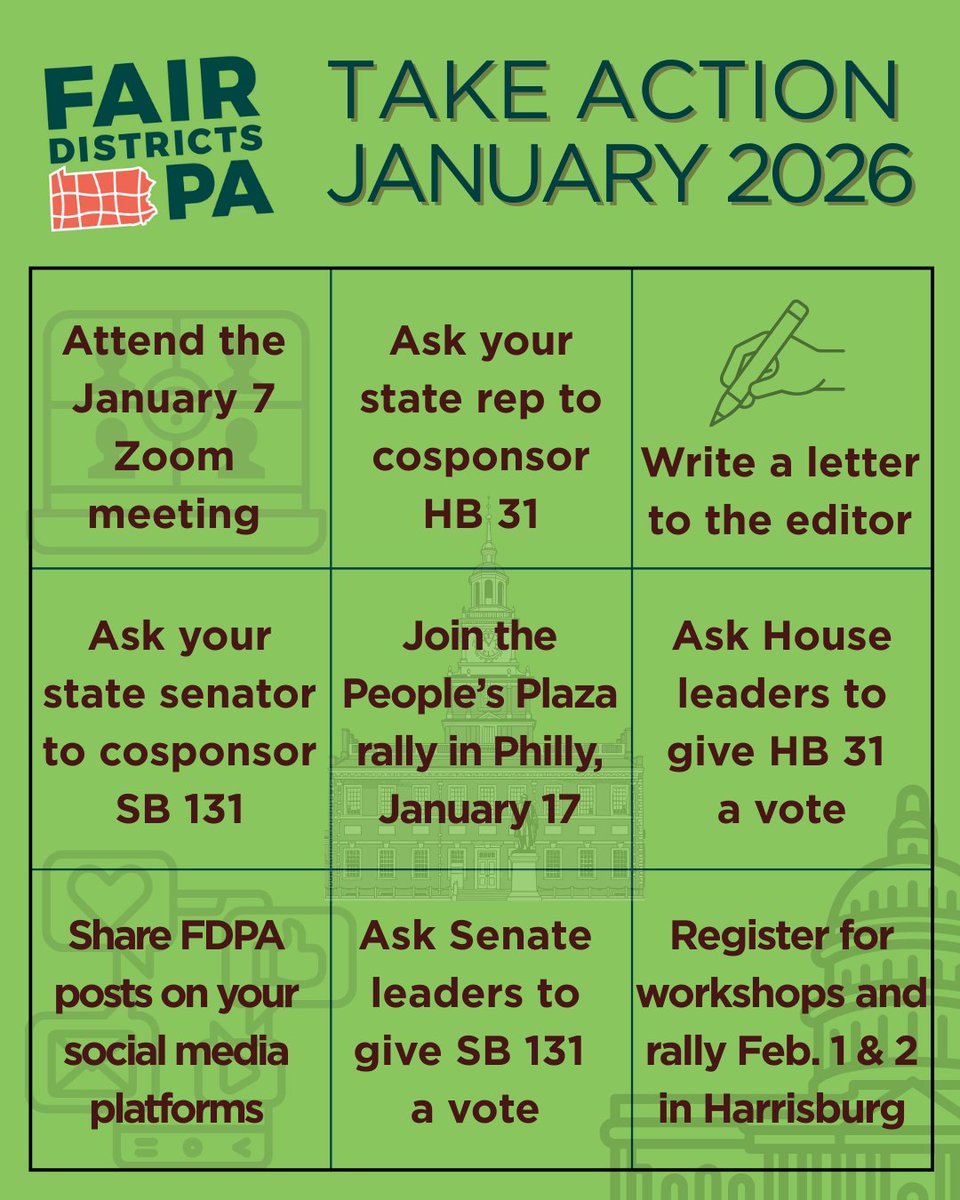 FairDistrictsPA's tweet image. Wondering what YOU can do in the month ahead? 
There are plenty of ways to take action.
TODAY: register for the January 7 Zoom meeting. 
Knowledge is power. Use yours. 
actionnetwork.org/events/redistr…
