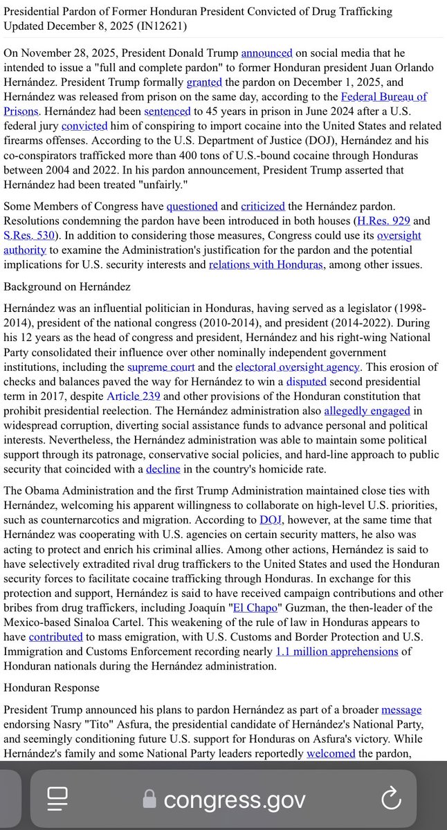 BMoon_bee's tweet image. Juan Orlando Hernández, ex-président du Honduras, condamné en 2024 à 45 ans de prison pour avoir importé 400  tonnes de cocaïne aux 🇺🇸 a été gracié par Trump le 01/12/25 ! 

Véridique ! Sources officielles sous ce tweet . 👇