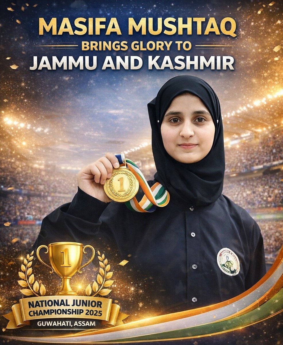 jindadlKashmir's tweet photo. Masifa Mushtaq brings glory to JAK.

Young sportsperson Masifa Mushtaq of Batnoor Tral won gold at the National Junior Championship 2025 in Guwahati.

The achievement underscores how sports development is empowering youth & guiding them toward a healthier, brighter future.

#MasifaMushtaq #JammuAndKashmir #SportsInJK #GirlsInSports #Guwahati
