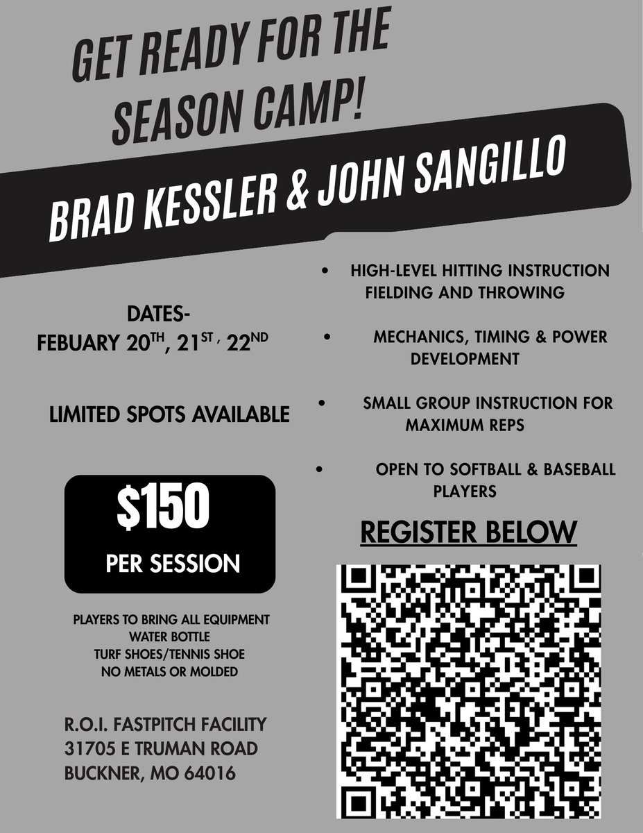SangilloJohn's tweet image. 🚨ELITE DEVELOPMENT CAMP 🚨
📍 Buckner, MO | Feb 20–22
Elite infield, throwing &amp;amp; hitting camp alongside Brad Kessler trusted developer of MLB &amp;amp; SEC athletes. No social media hype. Just results.

✔️ Student-first
✔️ Small groups
✔️ Game-ready movement
✔️ No templates. No…