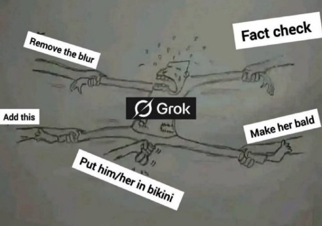 Shrey2030's tweet image. Grok's latest gig: Part fact-checker, part Photoshop slave, full-time bikini barista. Who needs ethics when you've got "remove blur + add swimsuit" on speed dial? Satire's dead, this trend killed it. #AIBrainRot #Grok  #GrokFail #ElonMusk