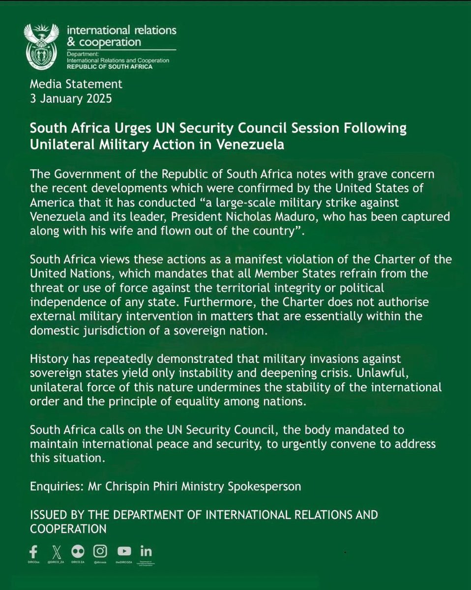 Chrispin_JPhiri's tweet image. South Africa Urges UN Security Council Session Following Military Action in Venezuela