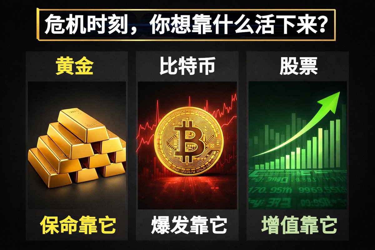 黄金vs 比特币vs 股票本质不是“谁赚得多”，而是“你靠什么活下来”。 黄金它不创造收益，但能保命。 当货币贬值、地缘冲突、系统不稳时，  黄金的作用只有一个： 👉 让你不被时代一脚踢出局。 它是资产里的“压舱石”，不是发动机。 比特币