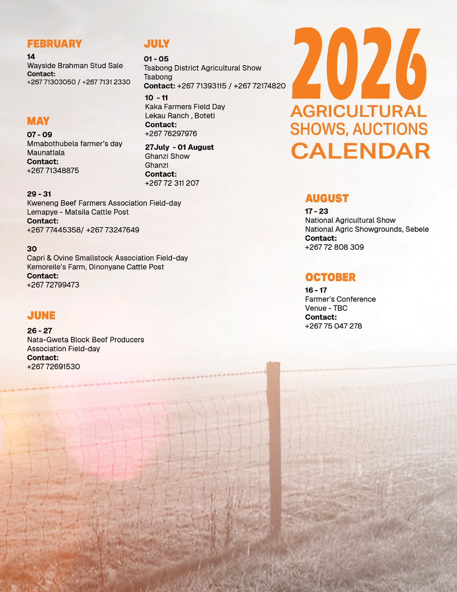 We are currently Working on The Agricultural Show Calendar. Shows that haven't shared their dates include Charleshill, Mookane, Mosisedi, Pandamatenga, Serowe ( We understand it's coming back) 

Share Your Dates.