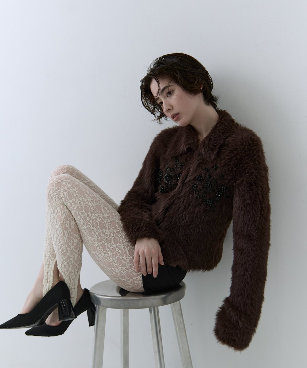 シャギービジューカーディガン 値下げ ホワイト STUDIOUS FETICO