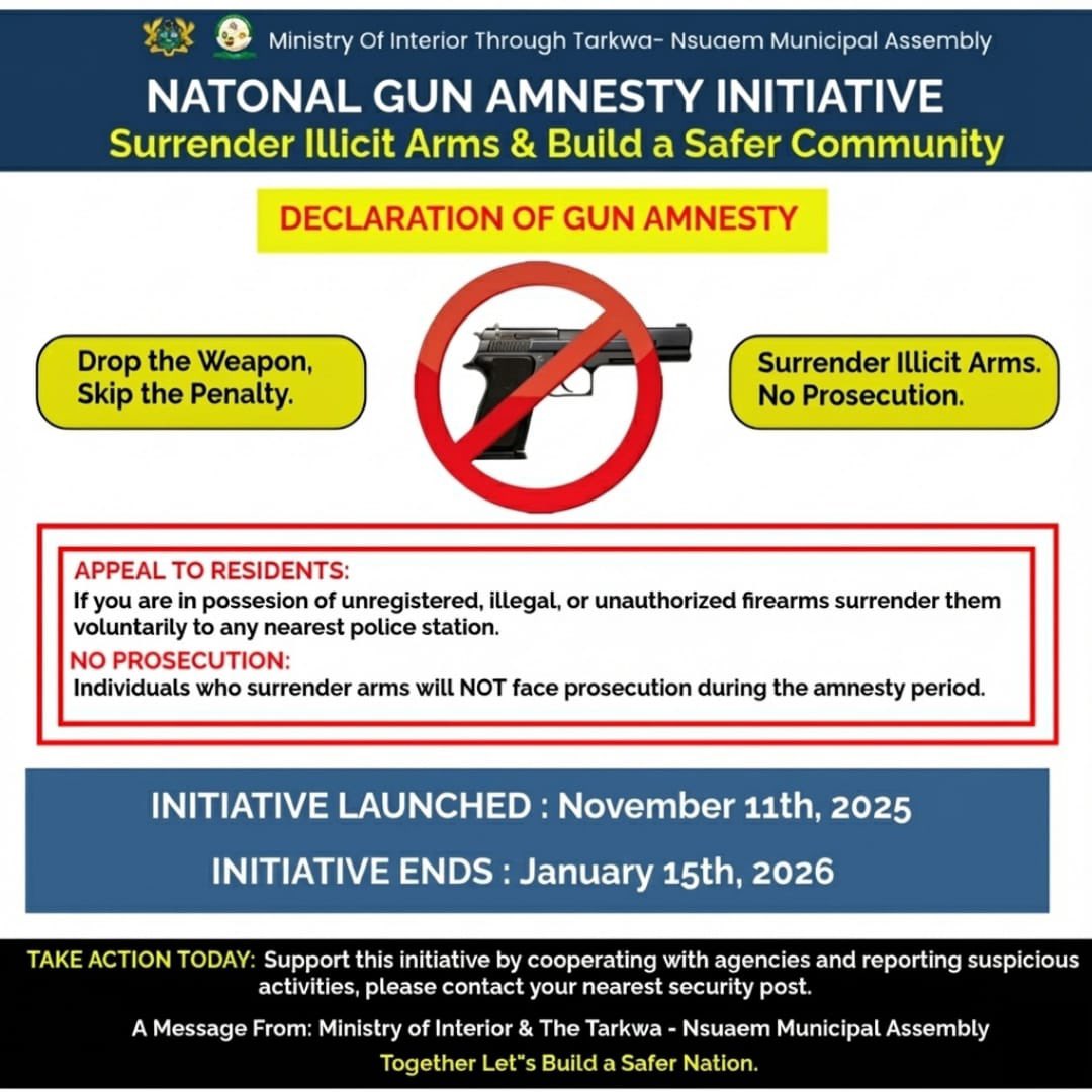 Let's support the Government's Gun Amnesty Programme.Kindly tender in your unregistered gun at the nearest police station to avoid prosecution.Every weapon turned in helps make our community safer for everyone. #GunAmnesty #SaferGhana #CommunitySupport Cc:<a href="/MinterGh/">Ministry of the Interior, Ghana</a> <a href="/Issah_Taylor/">Hon. Issah S. Taylor</a>