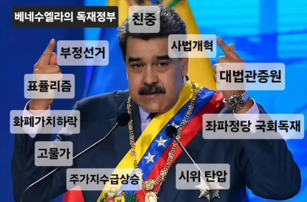 베네수엘라 독재자가 체포되고 베네수엘라 국민들과 25년 노벨평화상 수상자는 잘된일이라고 칭찬하는데 우리나라 정당들이 규탄성명서 내는 이유가 뭐지 ㅋㅋ 정부는 왜 긴급회의에 들어가고? ㅋㅋㅋ 참고로 마두로는 이런 인간입니다