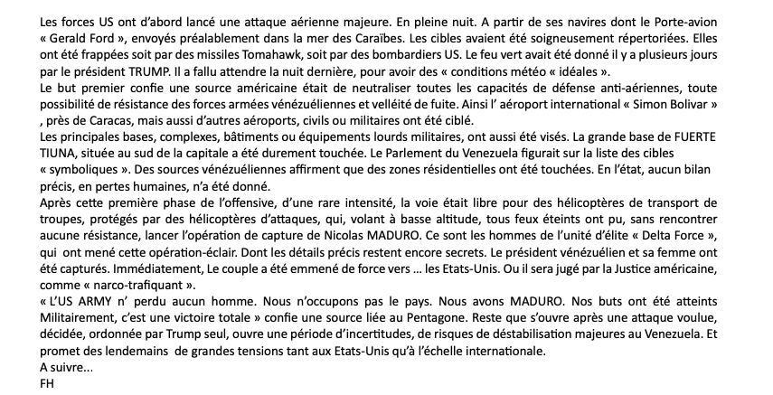 FredericHelbert's tweet image. #Venezuela. Récit d'une opération. Ce que l'on sait à cette heure sur l'opération-éclair et la capture de #NicolasMaduro. Réussie militairement mais, qui ne repose sur aucune justification légale ou constitutionnelle.  Du 100% #Trump !