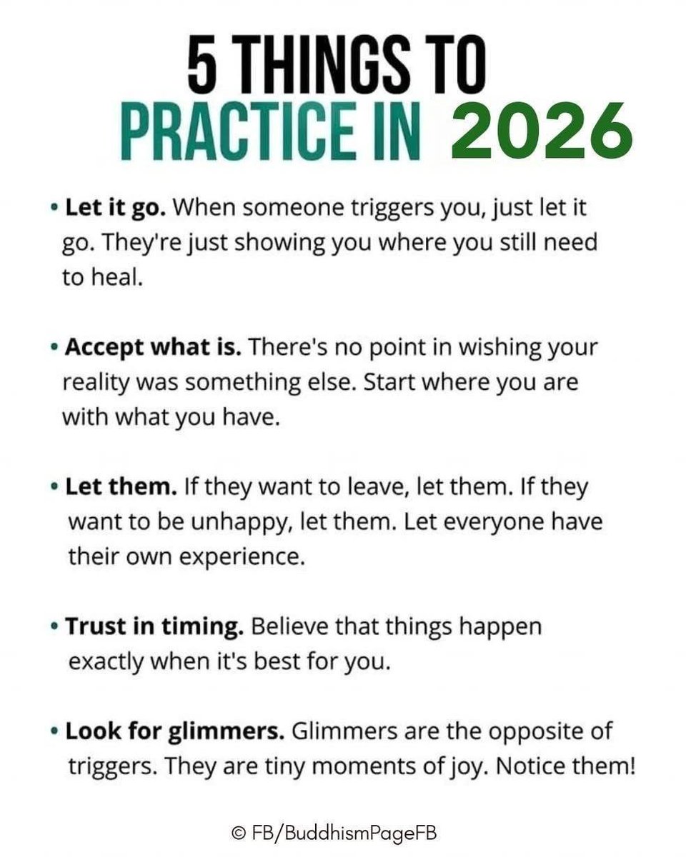 5 THINGS TO PRACTICE IN 2026 โข Let it go. When someone triggers you, just let it go. They're just showing you where you still need to heal. โข Accept what is. There's no point in wishing your reality was something else. Start where you are with what you have. โข Let them. If they want to leave, let them. If they want to be unhappy, let them. Let everyone have their own experience. โข Trust in timing. Believe that things happen exactly when it's best for you. โข Look for glimmers. Glimmers are the opposite of triggers. They are tiny moments of joy. Notice them!
