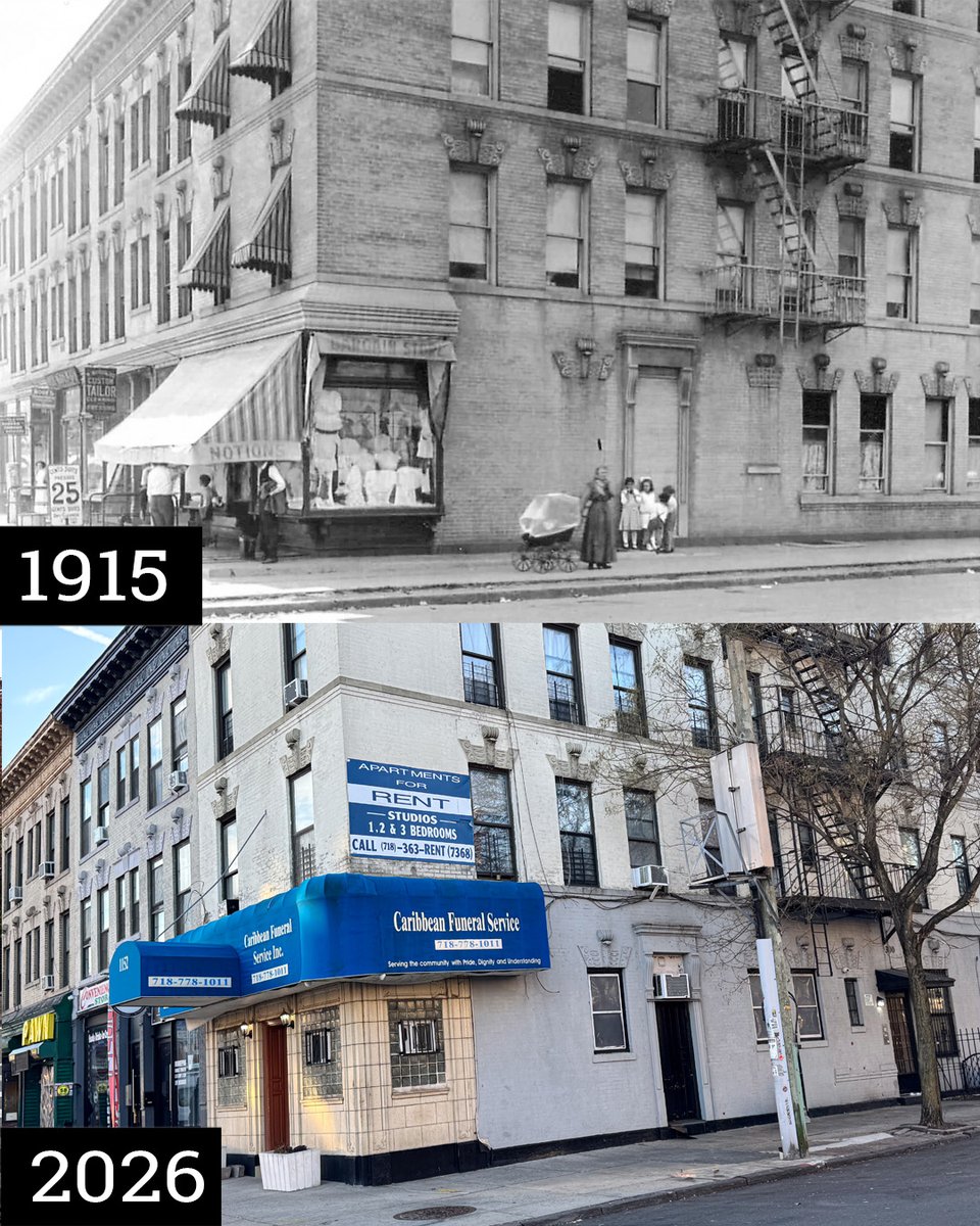 PLGHC_'s tweet image. #ThenAndNow On the west side of Nostrand Ave just south of Rutland Rd, this elegant row was built in 1908 by architect W. Fernbach and developer Minnie Polatcheck in the Renaissance Revival style. #prospectleffertsgardens