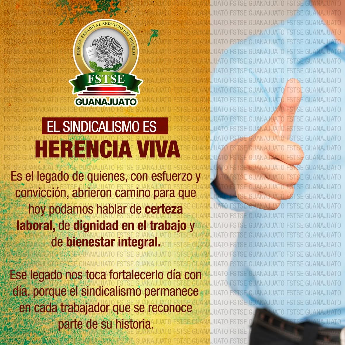 FstseGto's tweet photo. La FSTSE Guanajuato recuerda que el sindicalismo es herencia viva: un legado de esfuerzo y convicción que hoy nos da certeza laboral, dignidad y bienestar integral.

Ese legado vive en cada trabajador que hace historia.

#OrgulloSindical #HerenciaViva https://t.co/VbPdVtMwYC