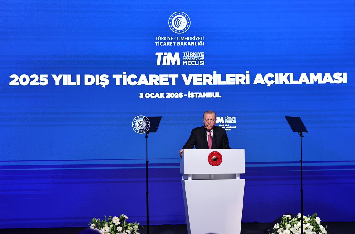 mahmutgurcan's tweet photo. Cumhurbaşkanımız Sayın Recep Tayyip Erdoğan’ın (@RTErdogan) teşrifleriyle, İstanbul Kongre Merkezi’nde düzenlenen 2025 Yılı Aralık Ayı ve 2025 Yıllık Bazda Mal ve Hizmet Dış Ticaret Verileri Basın Açıklaması programına katılım sağladık.

2025 yılı boyunca mal ve hizmet ihracatında kaydedilen gelişmeler, küresel ekonomik dalgalanmalara rağmen Türkiye’nin dış ticarette sergilediği güçlü ve kararlı duruşu ortaya koymuştur.

Ticaret Bakanlığı olarak, ihracatı artırmaya, yüksek katma değerli ve teknolojik üretimi desteklemeye yönelik politikalarımızı 2025 yılı boyunca kararlılıkla sürdürdük. Dış ticarette daha dengeli, sürdürülebilir ve güçlü bir yapının inşası yönünde atılan adımların karşılığını almaya devam ediyoruz.

Cumhurbaşkanımız Sayın Recep Tayyip Erdoğan’ın liderliğinde; üretimi ve ihracatı merkeze alan ekonomik modelimiz doğrultusunda, iş dünyamızla yakın istişare içinde hareket ediyor; Türkiye’nin tedarik zincirlerindeki güvenilir konumunu daha da pekiştirmek için yoğun bir diplomasi ve reform süreci yürütüyoruz.

Önümüzdeki dönemde de Türkiye Yüzyılı vizyonu çerçevesinde; ihracatımızı daha ileriye taşıyacak, dış ticaret hacmimizi güçlendirecek ve ülkemizin küresel ticaretteki payını artıracak adımları kararlılıkla atmayı sürdüreceğiz.