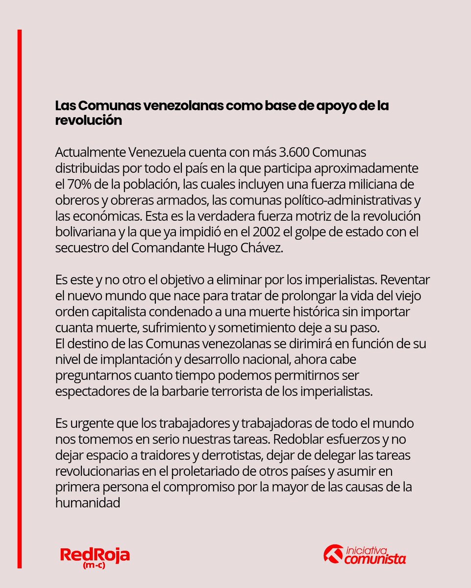 IniciativaComun's tweet photo. 🔴 Comunicado de Iniciativa Comunista y Red Roja ante la intervención militar terrorista de EEUU en la capital de Venezuela. https://t.co/It1jMvozmr