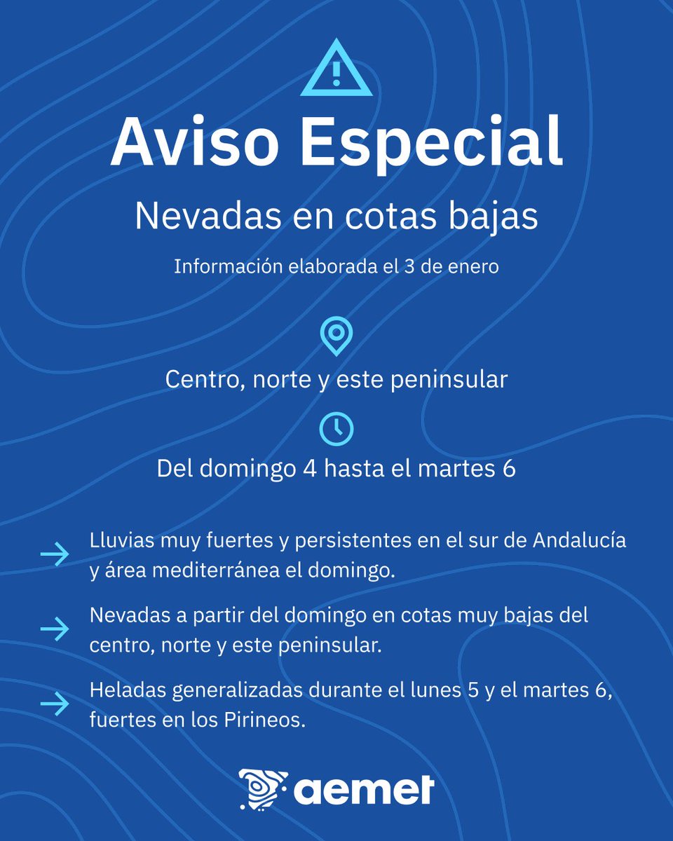 AEMET_Esp's tweet photo. ⚠️ AVISO ESPECIAL | Nevadas en cotas bajas.

❄️ Actualización del 3 de enero.

➡️ La nieve afectará a zonas pobladas y vías de comunicación. Si vas a viajar, planifica tu viaje y consulta el estado del tiempo y de las carreteras.

https://t.co/48Lsr8QC4f https://t.co/rE4p8bp1Zv