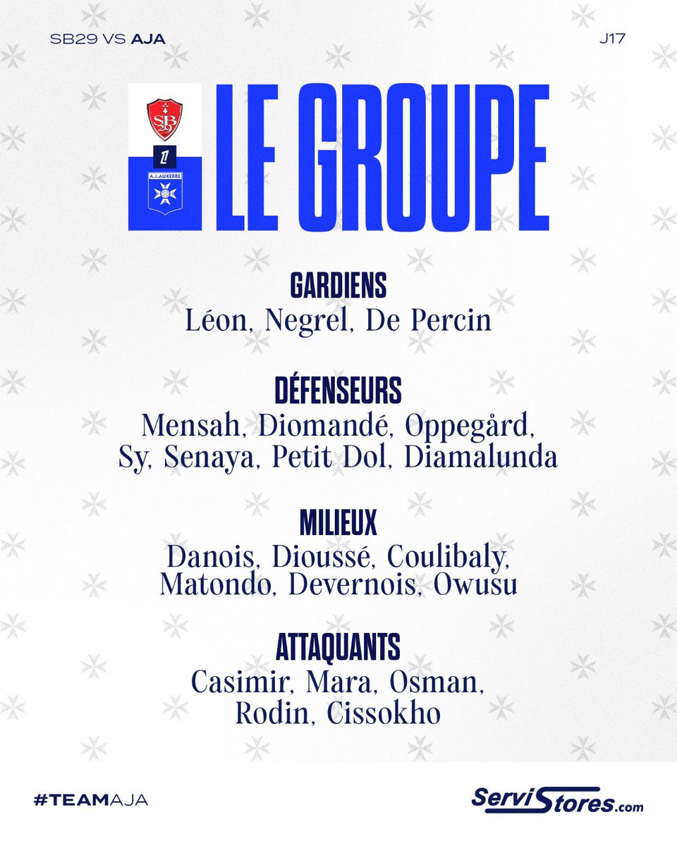 🔵 𝐋𝐞 𝐠𝐫𝐨𝐮𝐩𝐞 𝐚𝐮𝐱𝐞𝐫𝐫𝐨𝐢𝐬 ⚪️ Voici les joueurs retenus pour le déplacement à Brest ✈️ #TeamAJA #SB29AJA