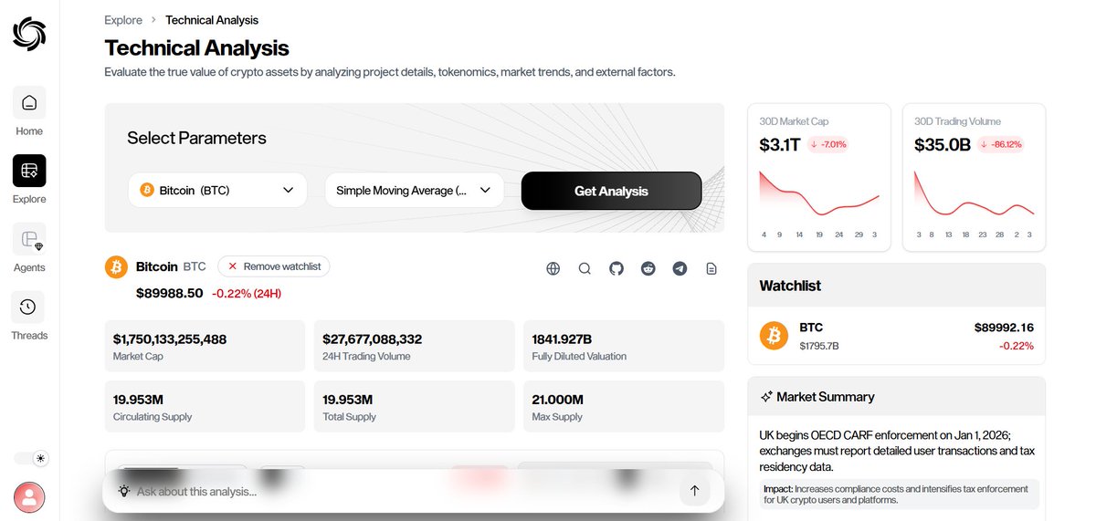 OzakAGI's tweet photo. 📍 Technical Analysis

Explore → Technical Analysis

Let’s be real: staring at TradingView for hours is exhausting.

In the Technical Analysis tab, we automated the heavy lifting.

Select your coin (e.g., BTC) and the indicator you need such as:

- Auto Support & Resistance Levels
- Stochastic RSI
- Money Flow Index
- Etc

No drawing lines anymore.

Just like with Fundamentals, Eon evaluates the "true value" by cross-referencing market trends and external factors.

You don't just see a line crossing another line. You get a clear breakdown:

"RSI is overbought," "Support holding strong at $88k."

It’s technical analysis for people who want to trade, not draw art.