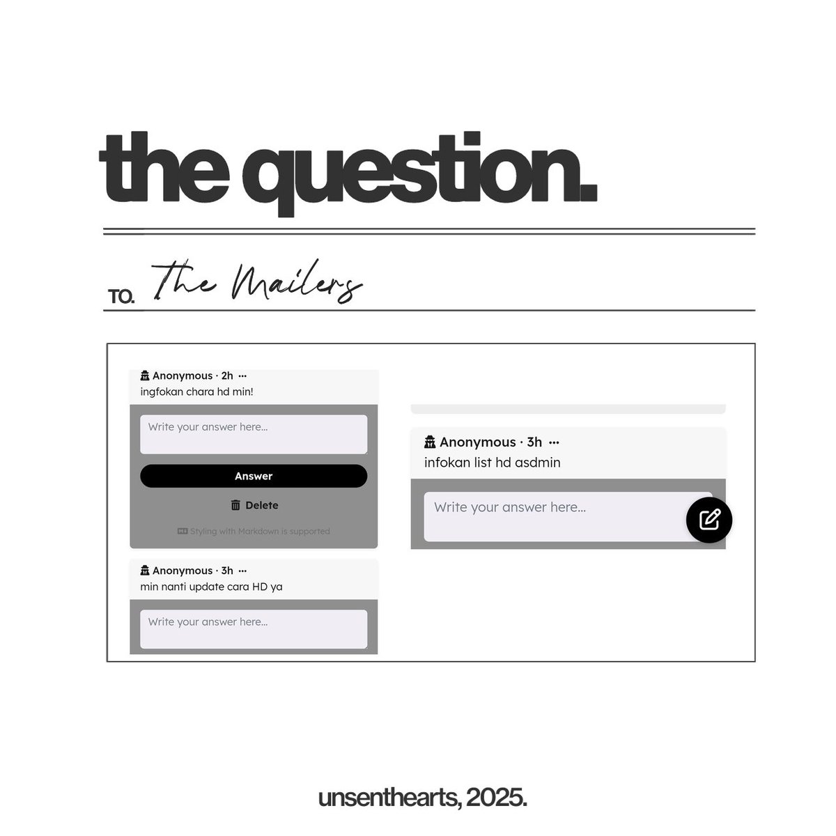 UnsentHearts's tweet image. LIST FC HD 22.01

Male: LHS (2001) 13, PSH (2002) 9, PWB (2002) 9, SES (2001) 8, LJY (1998) 6, KSW (2000) 8, SJY (2002) 7.

Female: MS (1996) 10, UA (2000) 8, NYZ (2002) 7, LCY (2002) 7, MM (1997) 5.

FC male lain rata rata 5 kebawah, female 3 kebawah jumlah saingannya.