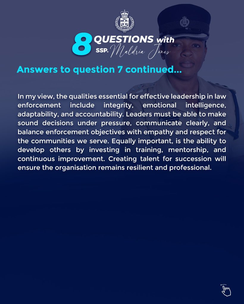 JamaicaConstab's tweet photo. Meet Senior Superintendent Maldria Jones Williams, Director for the Faculty of Criminal Investigation Training at the National Police College of Jamaica.
Learn more about her through these eight questions.
#8QuestionsWith
#AForce4Good
1/4 https://t.co/Gfx5K1wUyW