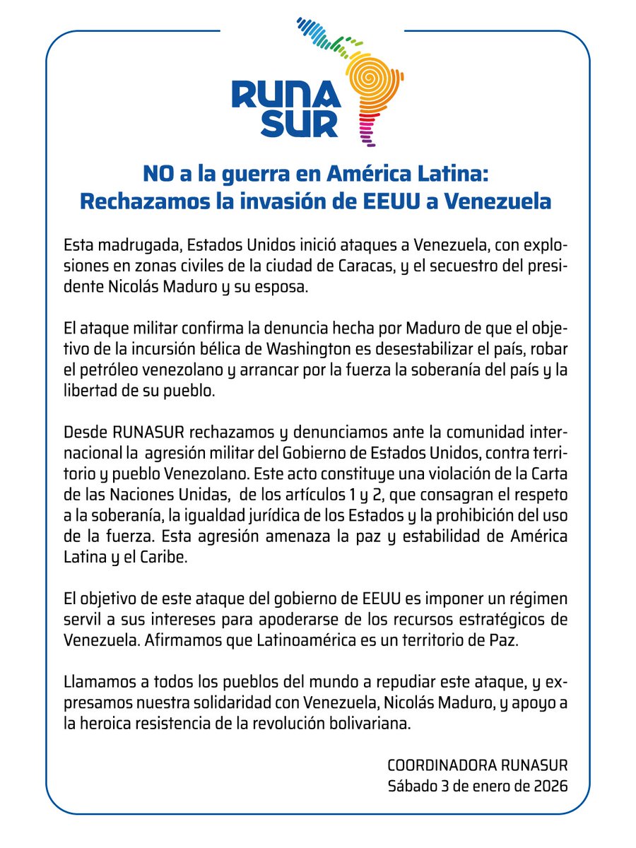 Rechazamos y denunciamos la agresión militar del Gobierno de Estados Unidos contra el territorio, el gobierno y el pueblo venezolano.

Esta agresión amenaza la paz y estabilidad de América Latina y el Caribe. Además, constituye un punto de inflexión a partir del cual cualquier
