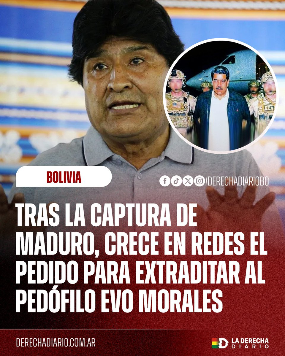 DerechaDiarioBO's tweet image. 🚨🇧🇴🇺🇲 | CRECE EL CLAMOR POR JUSTICIA: Una vez conocida la captura del dictador venezolano Nicolás Maduro, miles de bolivianos manifestaron su pedido al gobierno de Donald Trump para capturar también al pedófilo Evo Morales.