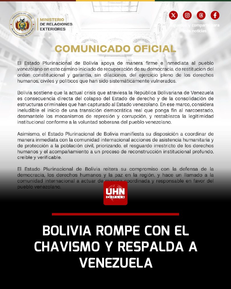 UHN_Plus's tweet image. 🇧🇴🇻🇪‼️ | ÚLTIMA HORA — Bolivia emitió un comunicado oficial respaldando al pueblo venezolano en el inicio de una transición democrática real, señalando al narcoestado chavista como responsable del colapso institucional y la violación sistemática de derechos.